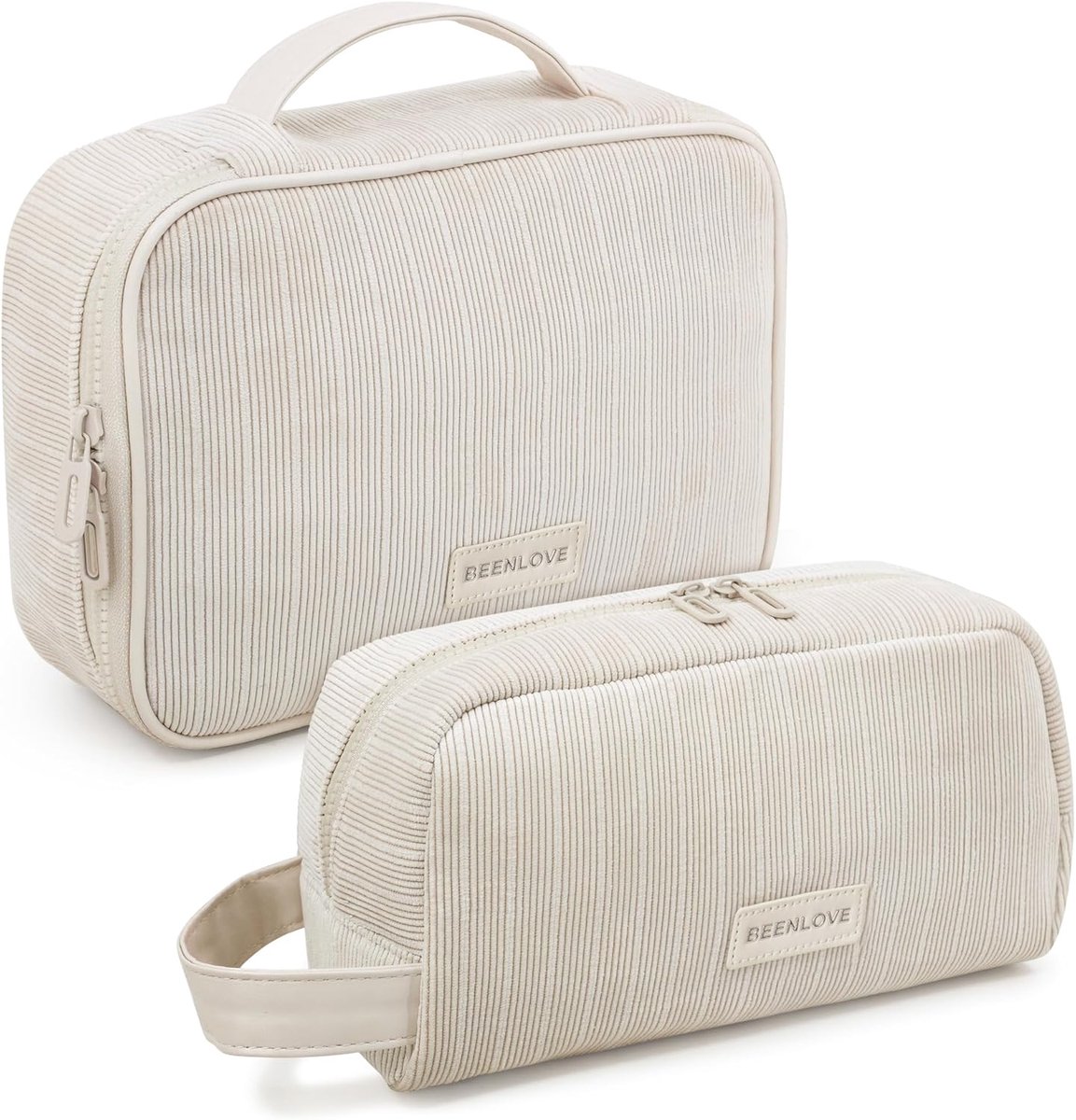 SnelShoppen - Beige Cosmetic Bag Set 2-delig - Corduroy Organiser met Ritsen - Reizen, Dagelijks Gebruik, Perfect voor Make-up, Schoonheidsproducten -