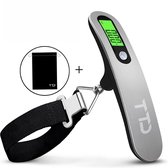 TTD® Kofferweegschaal met Verlicht Scherm en Travel Bag - Weegcapaciteit 50 kg - Bagageweegschaal - Bagageweger - Hangweegschaal - Digital Luggage Scale - Kofferweger - Reizen met Vliegtuig - kg/g/lbs/oz - Inclusief Batterijen - Zwart