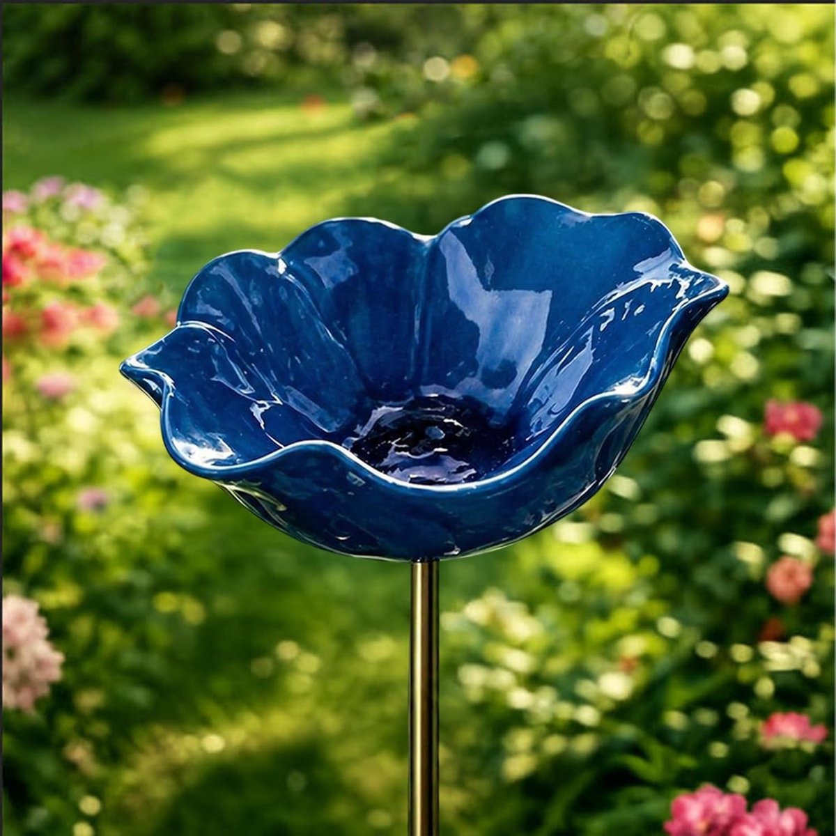 Vogeldrinkschaal - Vogelbadje - Vogeldrinkbakken - Vogeldrinkschaal voor Tuinvogels - Metaalbloemen-tuinpaal-vogeldrinkbak - Tuindecoratie voor Vogels - Vogelbad voor Buiten - Wildlife Vogeldrinkschaal voor Tuinvogels - 15 x 60 cm - Donkerblauw