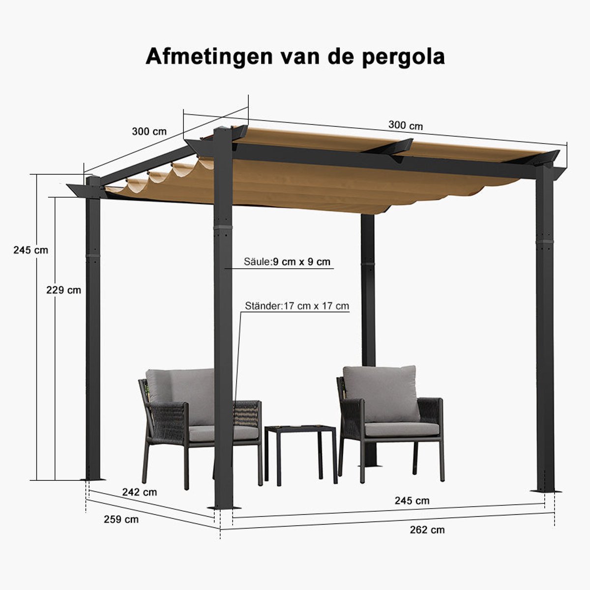 Purple Leaf Pergola avec toit de protection 3 x 3 m - structure anthracite, toile beige