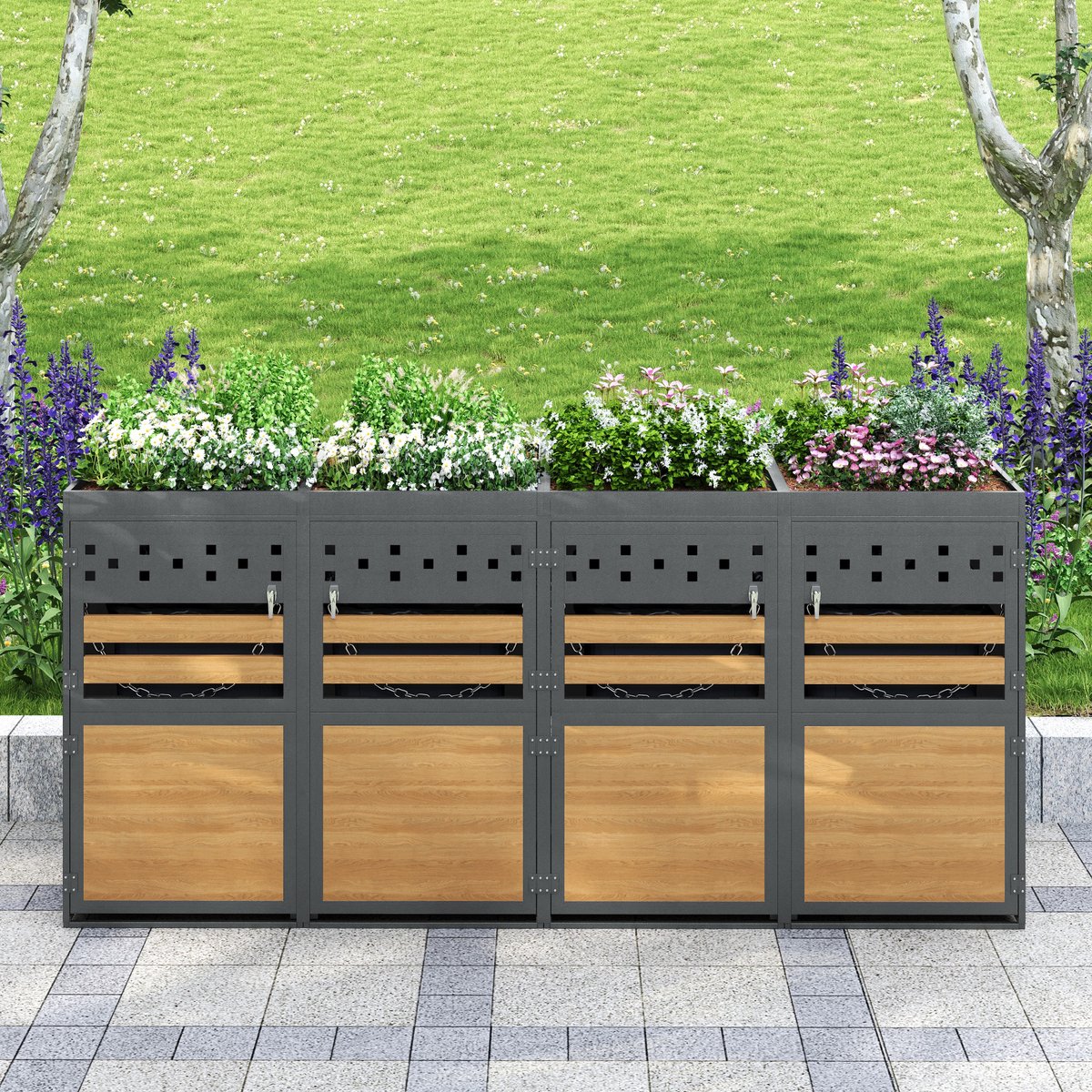 FloraGrace Containerberging - 4 Containers 120-240 Liter - Afsluitbaar - Metaal - Antraciet en Houtlook - Met Plantenbak