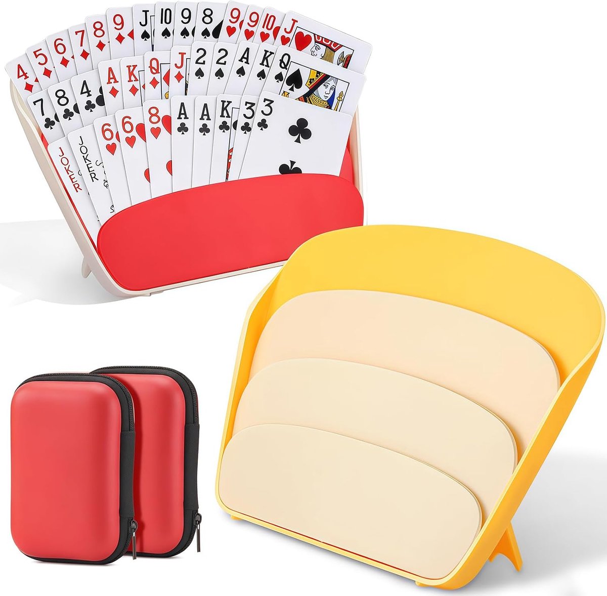 SnelShoppen - Kaartenhouder Kinderen Handsfree Spel - 6-delige Set met 2 Opbergzakken - Opvouwbare Kaartenstandaard met Antislip - Rood Geel - Perfect