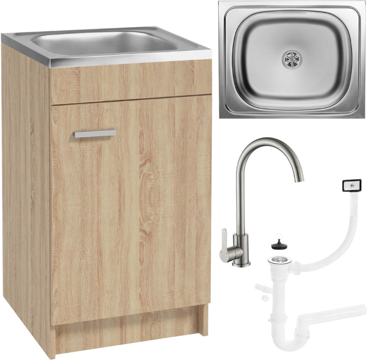 STAMAR Keukenonderkast 50 cm met 1-baks RVS spoelbak, hoge olijfgroene keukenkraan en sifon - sonoma eiken Eik Sonoma