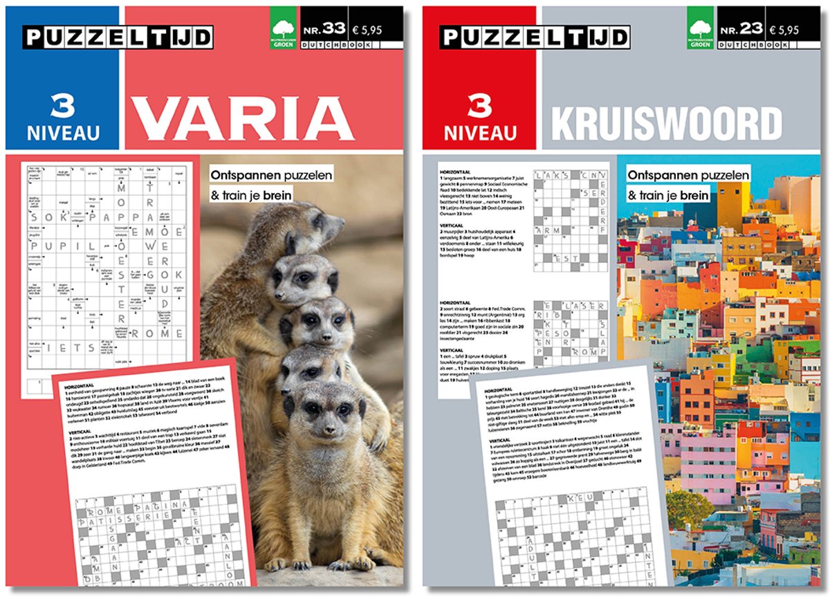 Puzzeltijd Varia Puzzelboek & Kruiswoord puzzelboek Pakket – Niveau 3 Sterren – 2x 96 Pagina’s
