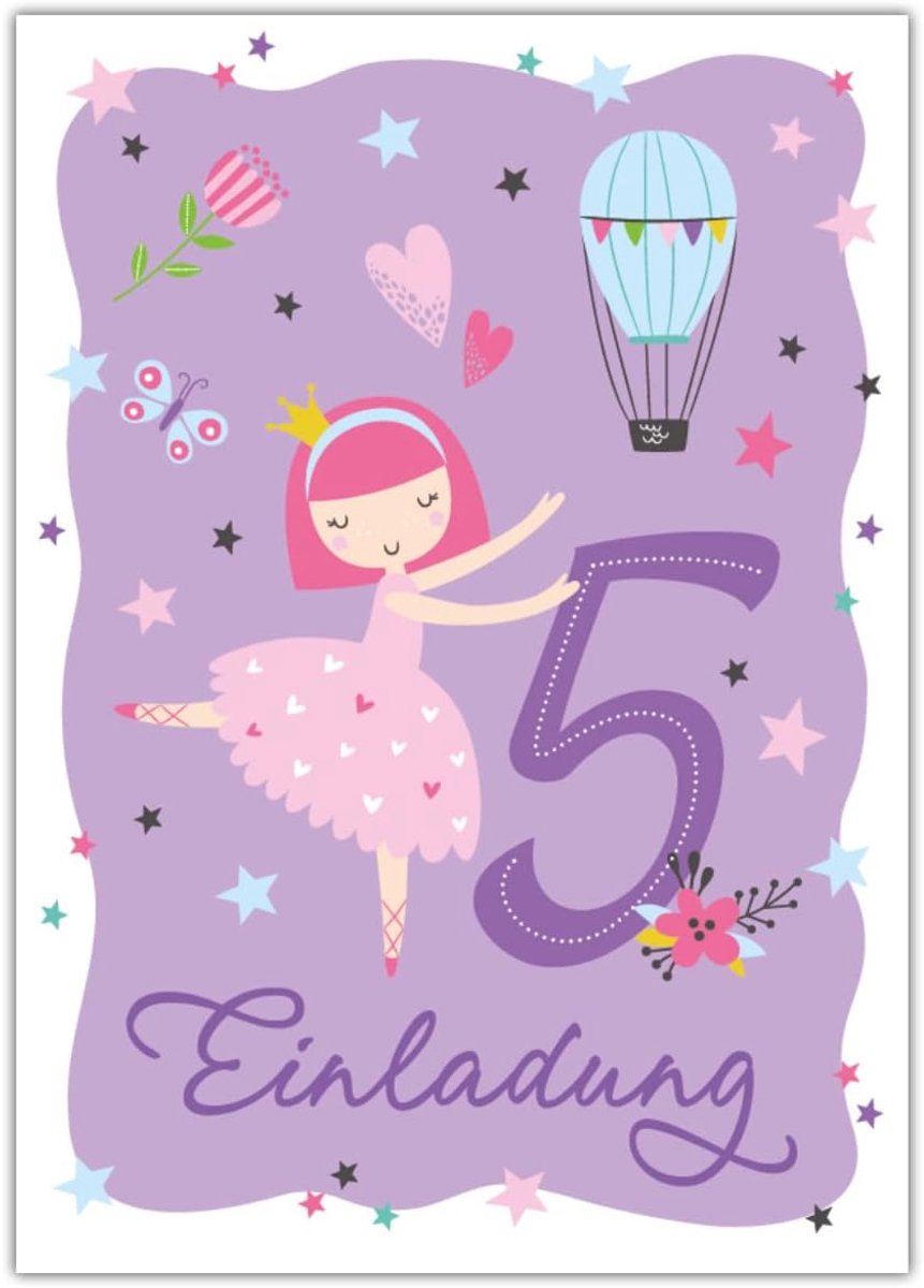 SnelShoppen - 12 Ballerina Uitnodigingskaarten voor 5e Verjaardag Meisje - Kinderfeest - 10.5x14.8 cm - Hoogwaardige 300 g/m² - Made in Germany