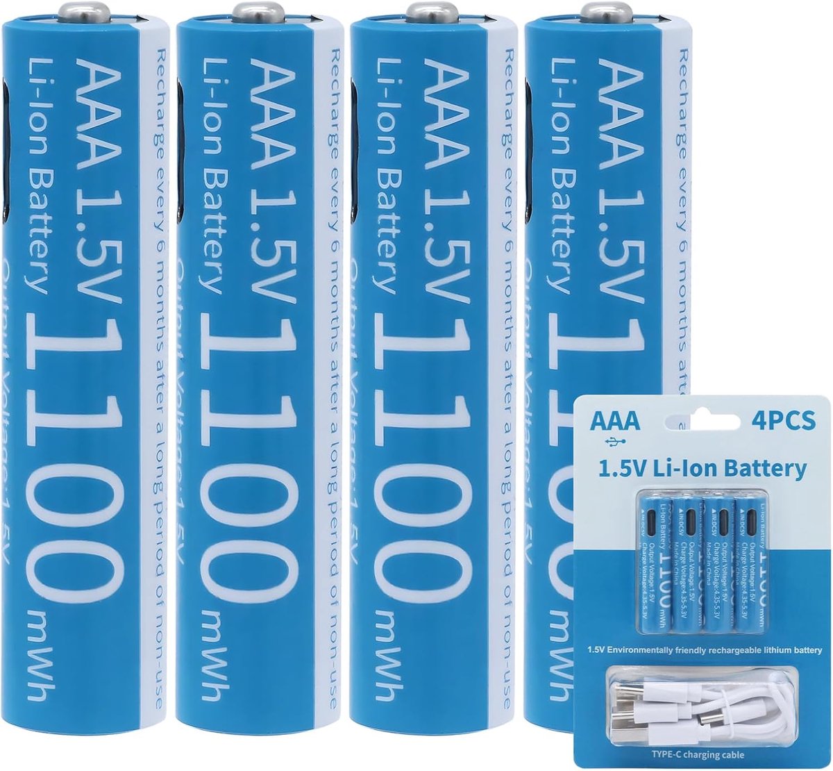 SnelShoppen - AAA Lithium Oplaadbare Batterijen 1.5V 1100mWh met 4-in-1 USB-C Oplaadkabel - Snelle Oplading in 1 Uur - 1500 Cycli - 4 Stuks - Ideaal v