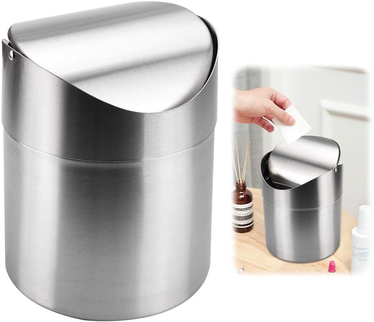 SnelShoppen - Mini Prullenbak Desktop, RVS Afvalbak met Draaideksel, 12x16.5cm, Zilver, Ideaal voor Thuis, Kantoor, Badkamer, Cosmetica