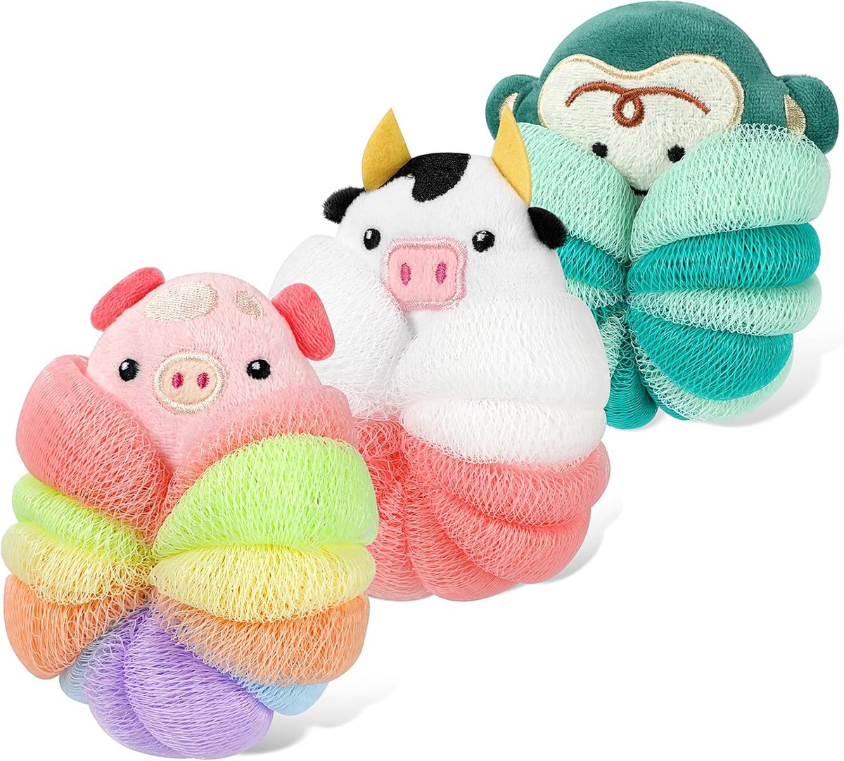 SnelShoppen - 3 Pack Kinderen Loofah, Schattige Dieren Bad Puffs voor Kinderen, Luffa Sponsen voor Bad, Body Scrubber, Kleurrijke Badaccessoires voor