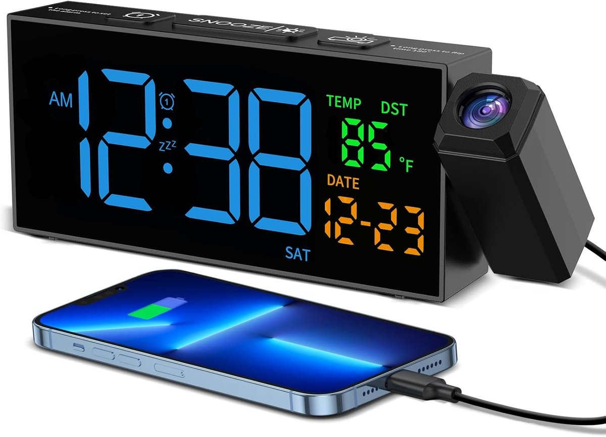 SnelShoppen - Digitale Projectie Alarmklok met 350° Projector, Grote Display, Thermometer, Datumsweergave, 10 Ringtones, 4 Helderheidsinstellingen, 4