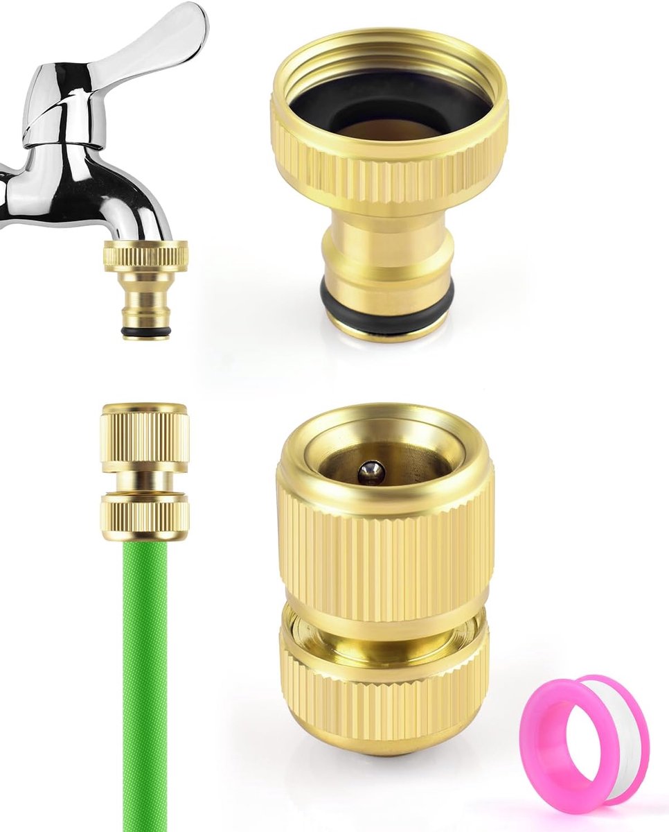 SnelShoppen - Messing Tuinslang Koppeling met Waterstop 1/2 inch en 3/4 inch Schroefdraadaansluiting voor Keukenkraan en Tuin, Duurzaam en Langdurig