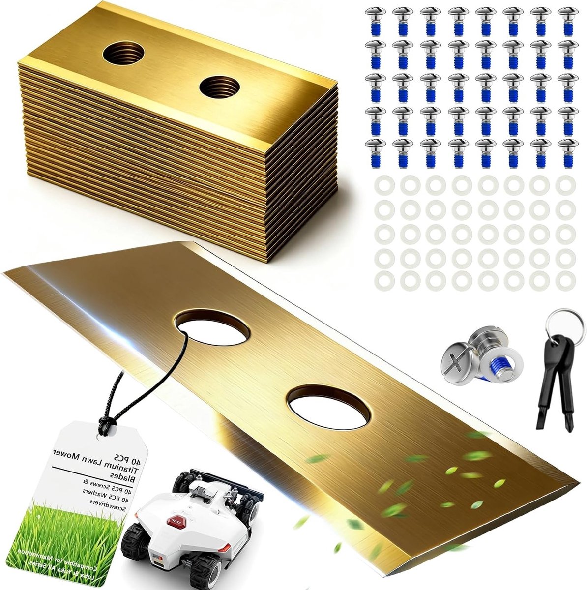 40 stuks titanium reservemesjes voor robotmaaiers, duurzaam en scherp, inclusief schroeven en schroevendraaier, geschikt voor Luba en Yuka series