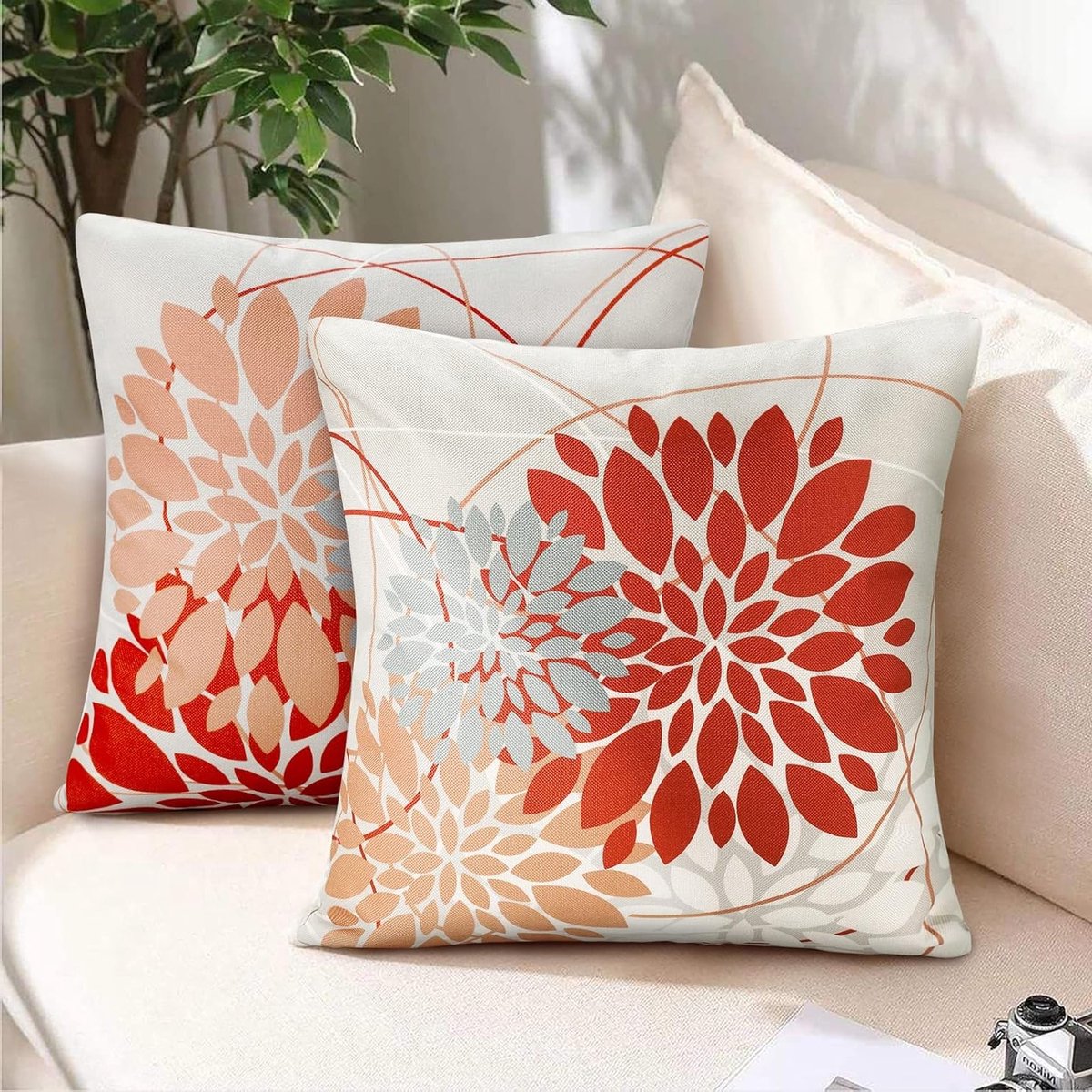 Oranje en Grijze Kussenhoezen met Herfstbloemen van Linnen voor Woonkamerdecoratie - 40 x 40 cm Kussens voor Bank en Stoelen