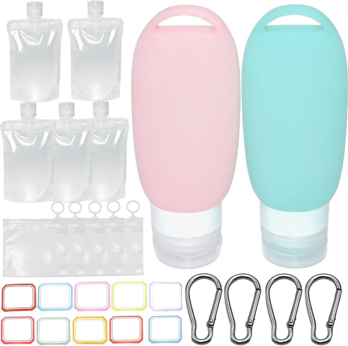 Set van 2 x 90ml vulbare reisflessen voor honden, 5 navulbare knijptassen en 5 vliegtuigzakken voor vloeistoffen, ideaal voor natvoer, outdoor en reizen met huisdieren