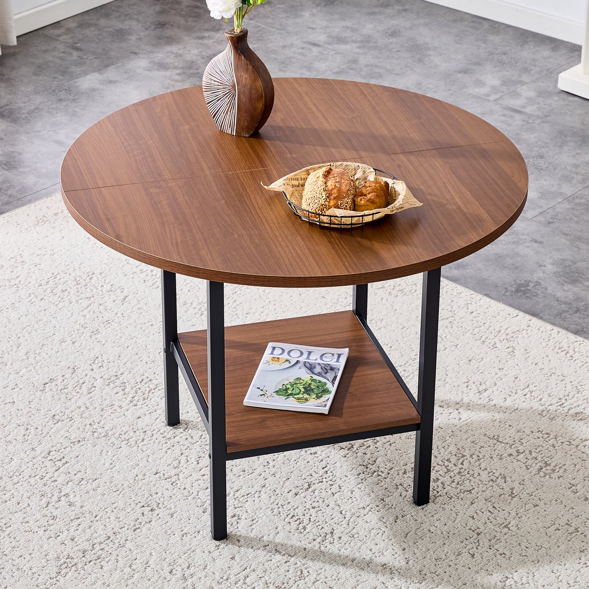 MODENUIT Eettafel - Rond Design Met Stauraum - Voor Keuken En Eetkamer - MDF En Metaal - 100 Cm - Walnoot