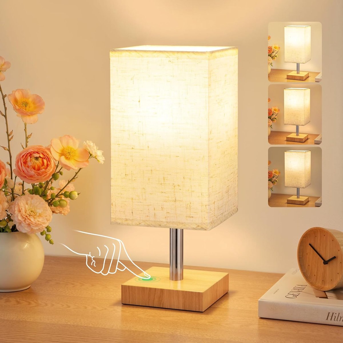 Nachtkastlamp – Kleine, dimbare tafellamp met touch-bediening en linnen kap – 3 dimstanden – Inclusief lichtbron – Compact ontwerp – Geschikt voor nachtkastjes, studentenkamers, woonkamers en kantoren