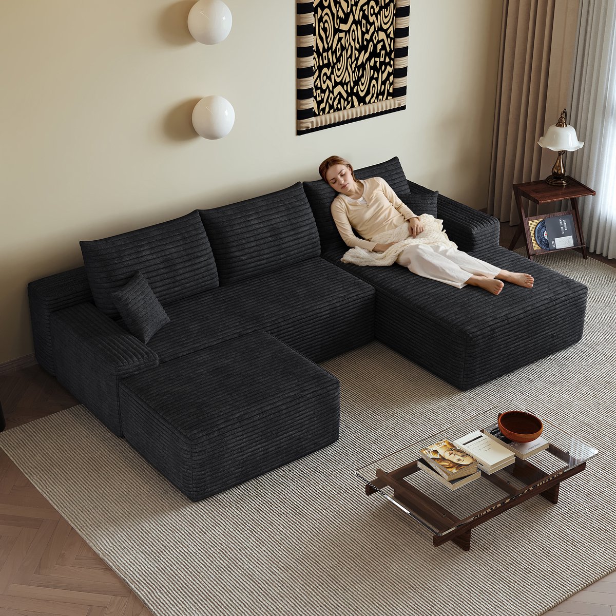 Hoekbank Modulaire Bank L Vormige Chaise Longue Zonder Montage Voor Woonkamer En Slaapkamer Zachte Ribstof Zwart 4 Zits