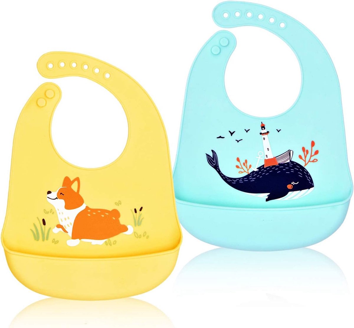 SnelShoppen - Baby Slabbetjes Silicone - Waterdichte Siliconen Slabbetjes voor Voeden - Dieren Motief - Opvouwbaar en Makkelijk Schoon te Maken - 2 St