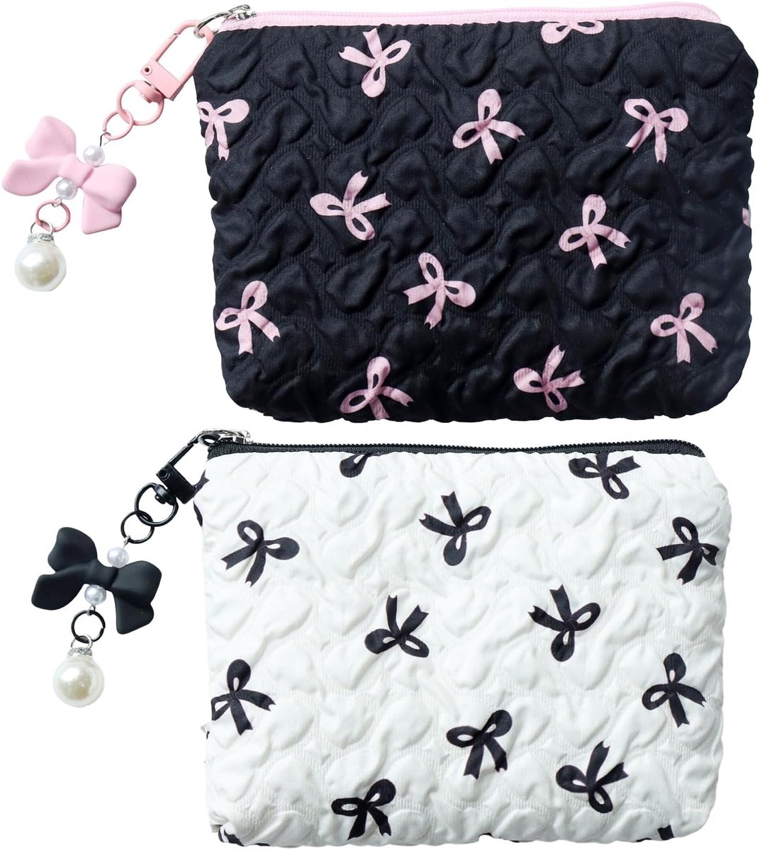 SnelShoppen - Pack van 2 Kleine Cosmetica Tassen, Mini Make-up Tas Set met Elegante Strikken, Toilettas voor Vrouwen, 14 x 10 cm, Duurzaam Polyester,