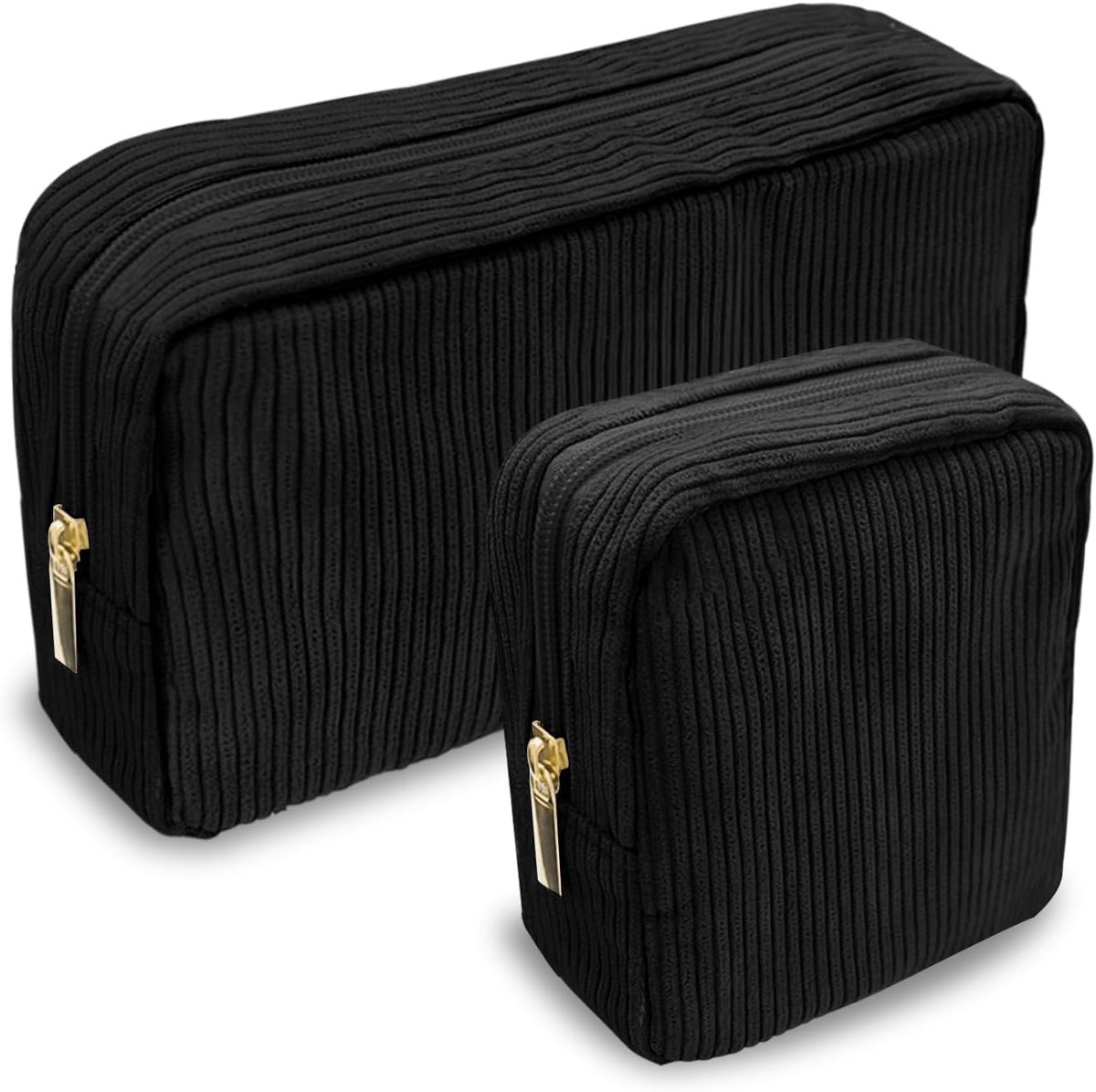 SnelShoppen - 2 Stuks Kleine Corduroy Makeup Tasjes Vrouwen - Portable Cosmetica Organizer Reistassen - Zwart - Ideaal voor Reizen, Werk en Dagelijks
