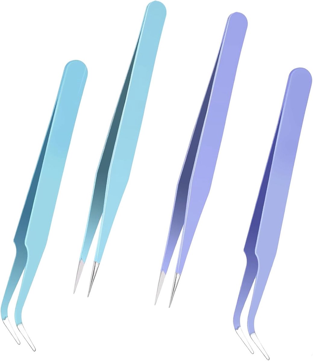 SnelShoppen - Set van 4 Stickerpincetten, Rechte en Gebogen Pincetten, RVS Eyelash Tweezers voor Knutselen, Stickers, Wimpers, Extensions, Sieraden Ma