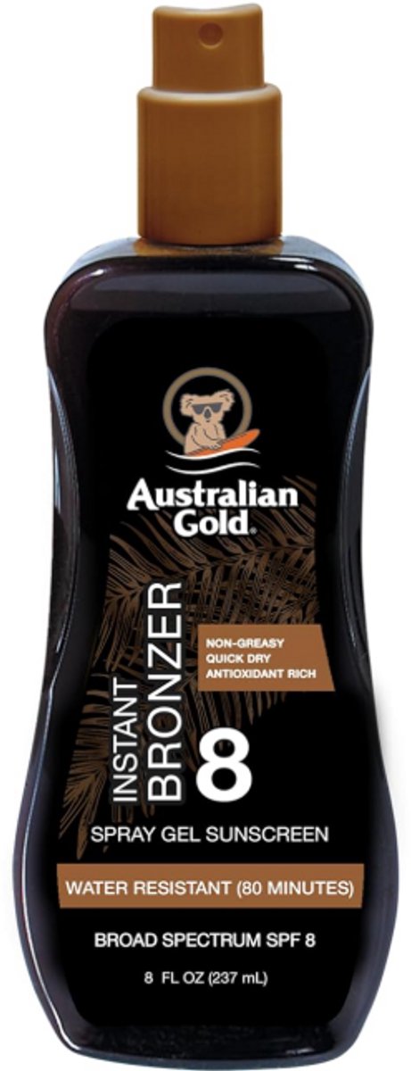 Australian Gold Spray Gel Zonnebrand SPF 8 met Instant Bronzer – 237 ml – Hydraterende Zonnebrandolie voor een Stralende Bruine Kleur
