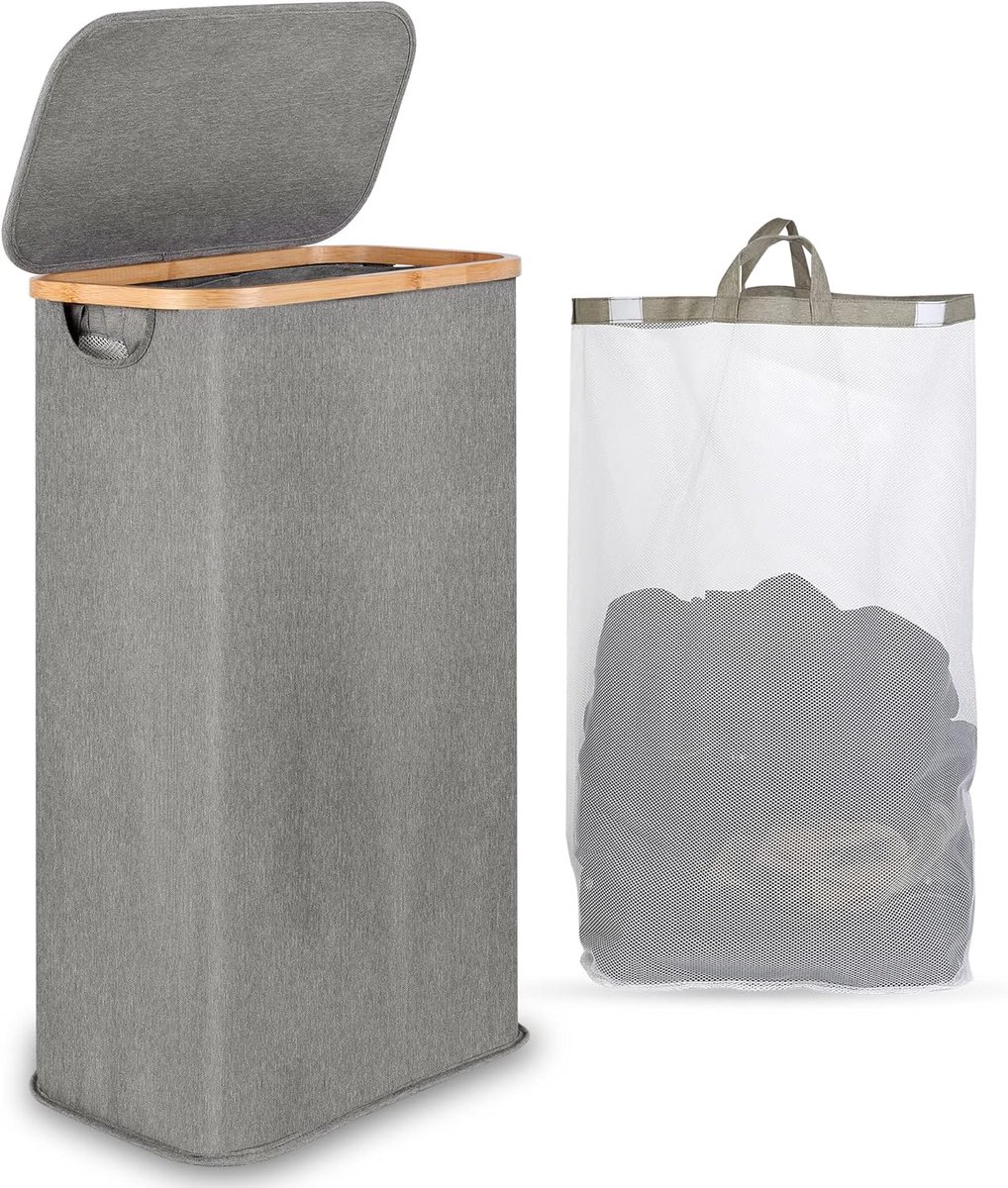 SnelShoppen - 60L Slimme Wasmand met Verwijderbare Voering en Handvatten - Hoge Opbergmand voor Kleding, Speelgoed en Handdoeken - Vouwbare Grijze Opb