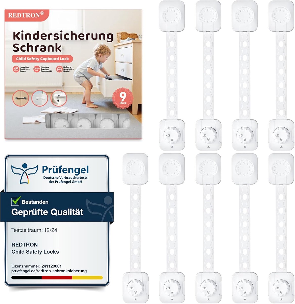 SnelShoppen - Kindveiligheidssloten Set van 9 - Verstelbare Kinderbeveiliging voor Keuken, Badkamer, Kast, Lade, Koelkast, Toilet - 3M Plakband, Wit -