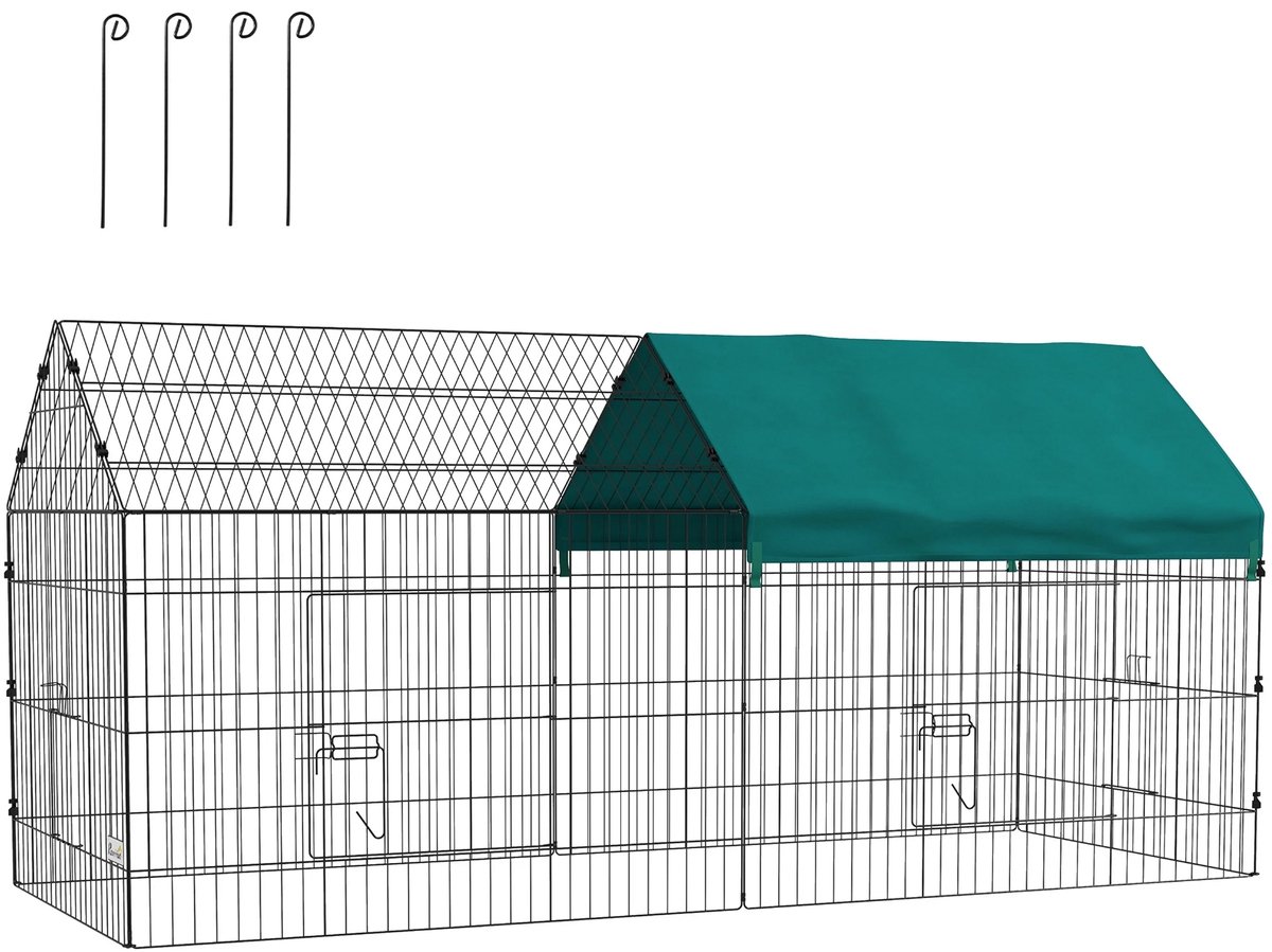 Konijnenren 220x85x103 cm – Vrijloopren met Afdekking & 4 Deuren – Groen/Zwart