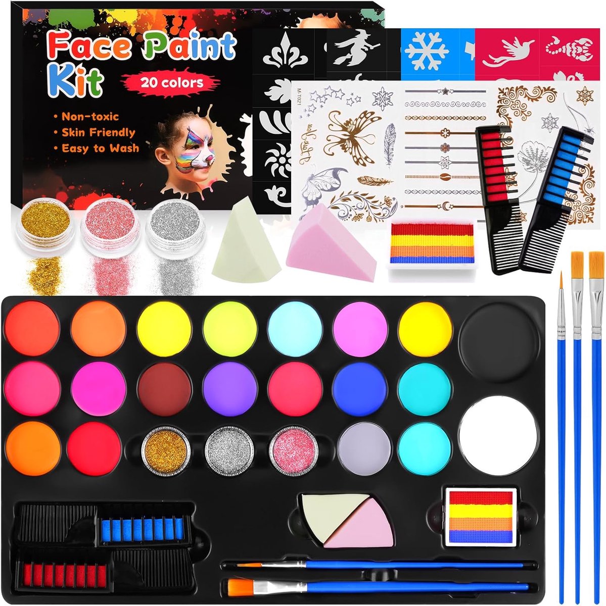 SnelShoppen - Face Paint Set voor Kinderen en Volwassenen, 20 Kleuren Oliegebaseerde Verf, Non-Toxisch, Inclusief Stencils, Kwasten, Stickers, Haarver