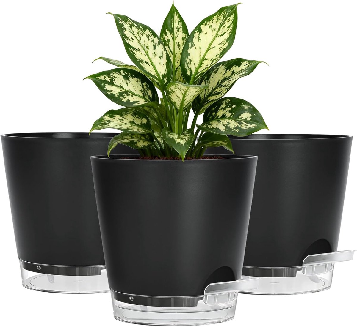 SnelShoppen - 3 Stuks 15cm Zwarte Plastic Bloempotten met Schotels en Drainagegaten - Moderne Decoratieve Potten voor Binnen en Buiten - Perfect voor