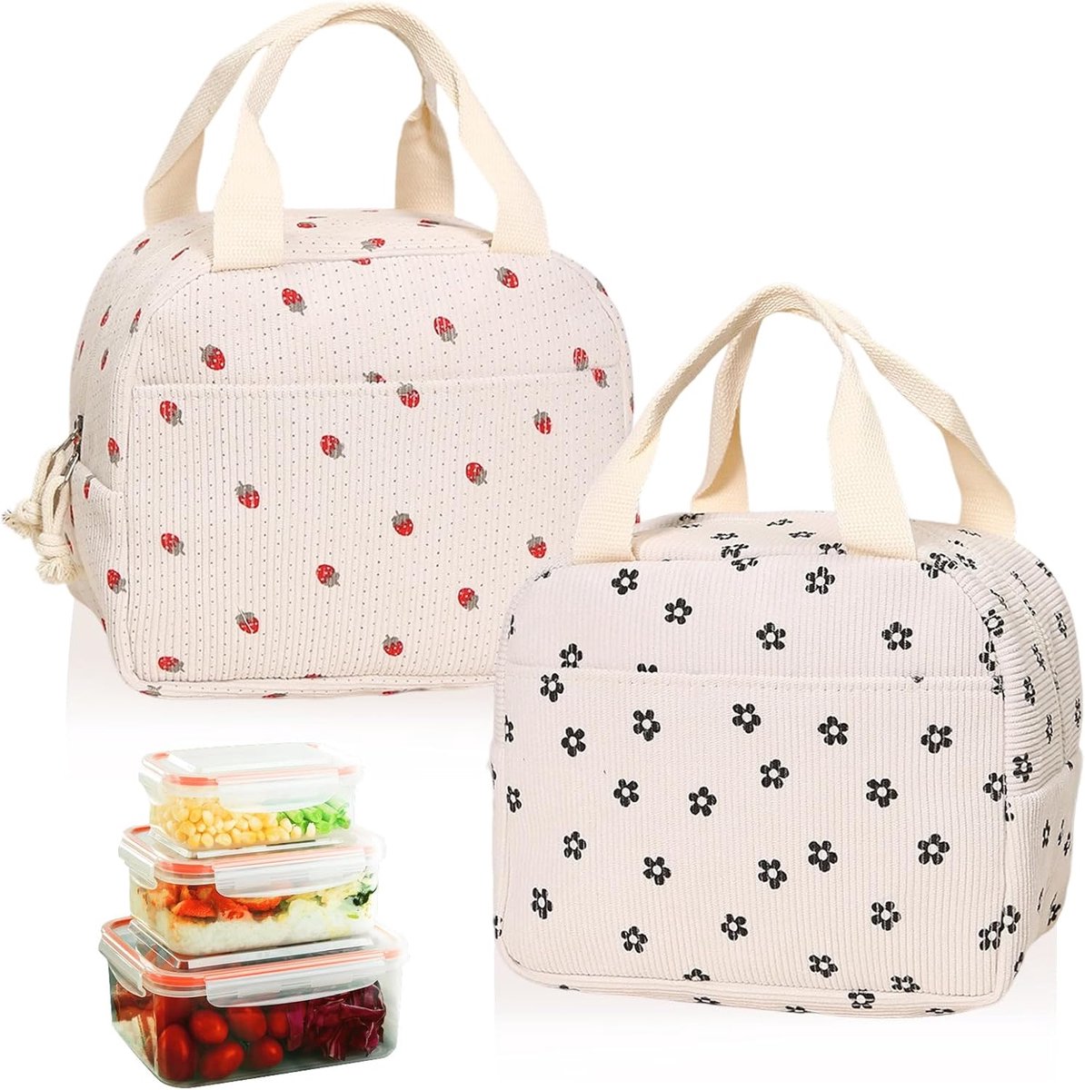 SnelShoppen - Lunch Box Bag - 2 Pack Geïsoleerde Lunchtas voor Vrouwen - Schattige Corduroy Tas met Zijvak - Perfect voor Familie, Picknick, Reizen -