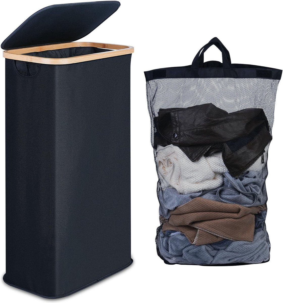 SnelShoppen - Slimme Wasmand 63L met Deksel - Smalle Wasmand voor kleine Ruimtes - Opvouwbare Wasmand met Bamboe Handvatten - Zwart - Ideaal voor Badk
