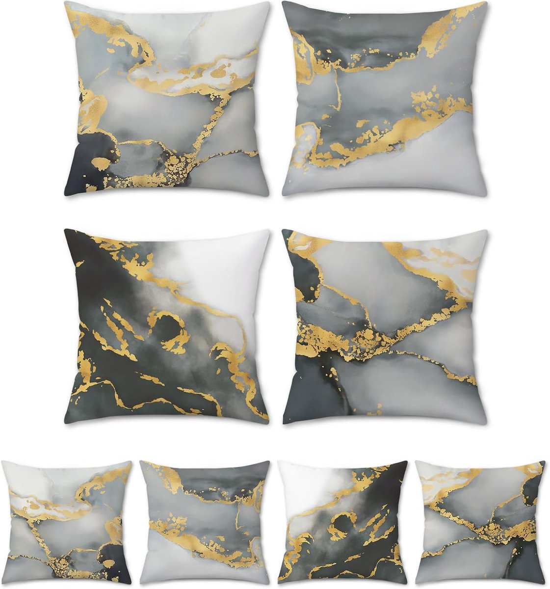 SnelShoppen - Set van 4 Moderne Grijze Marmer Kussenslopen 40x40cm - Abstract Design - Zachte Velours Kussens voor Sofa, Bed en Tuin - Zwart, Goud en