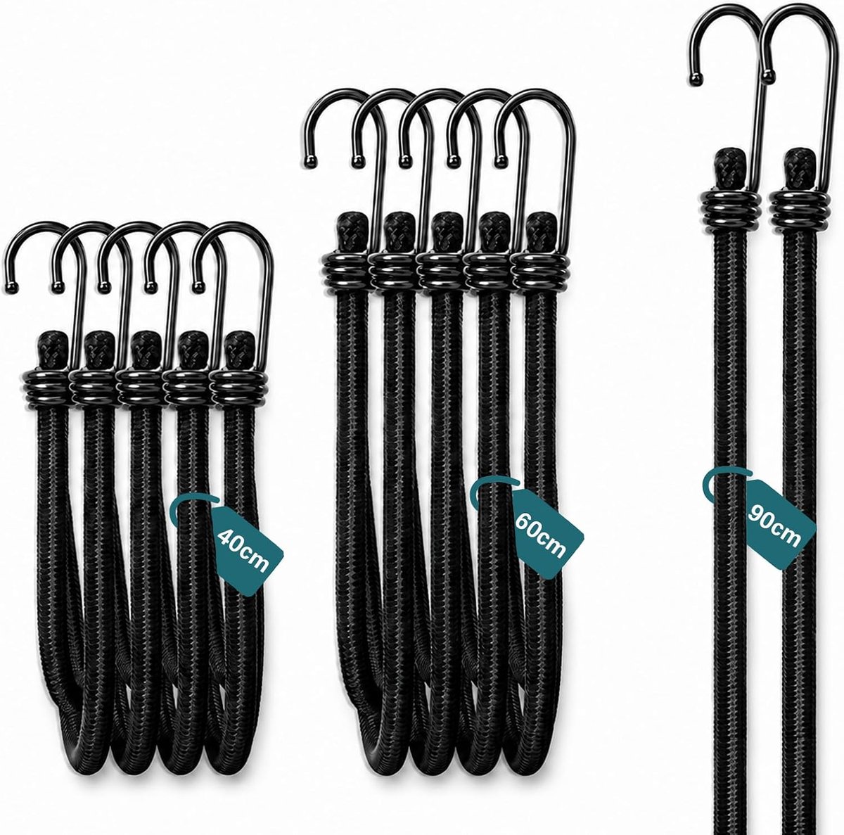 SnelShoppen - Set van 12 Elastische Spanbanden met Haken - Robuuste UV- en Waterbestendige Elastische Banden voor Fiets, Motor, Auto, Tent, Camping, A