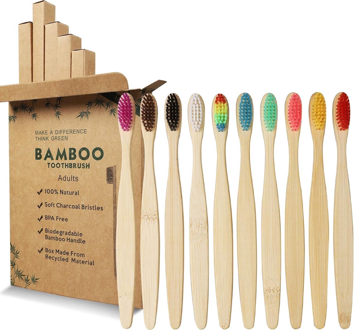 SnelShoppen - 10 Stuks Bamboe Tandenborstels in 10 Kleuren - Milieuvriendelijke Biodegradable Tandenborstels met Zachte Borstels - Ideaal voor Gezin e