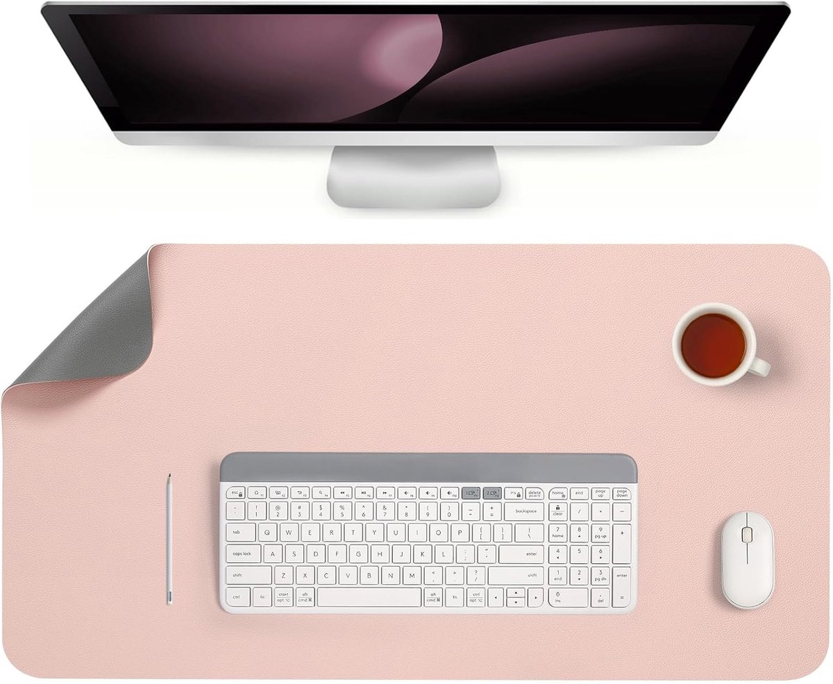 SnelShoppen - Faux Leather Desk Mat - Dubbelzijdige Non-Slip Bureau Mat - 43 x 90 cm - Grijs Roze - PVC Bureau Beschermmat voor Kantoor en Thuisgebrui