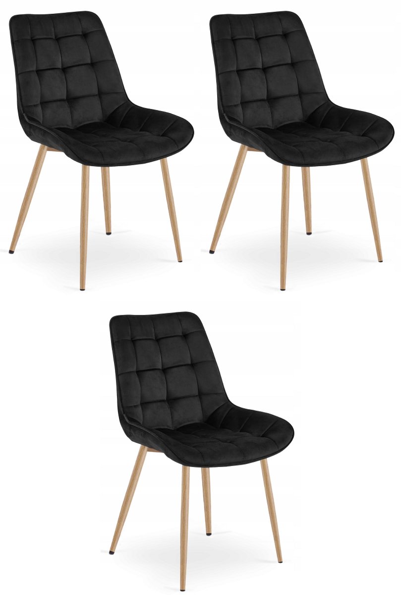 LEOBERT Set van 3 Eetkamerstoelen BERA – Zwart Velvet / Fluweel – Gestoffeerde Zitting – Metalen Poten in Eikenlook – Modern Scandinavisch Design – Voor Eetkamer, Keuken en Woonkamer
