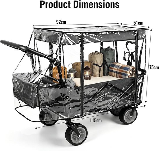 Thijox - Universele Regenhoes voor Bolderkar 115 x 51 x 75 cm - Transparante Regenbescherming voor Camping, Tuin, Kinderen, Opvouwbare Handwagen, Bold — afbeelding 4
