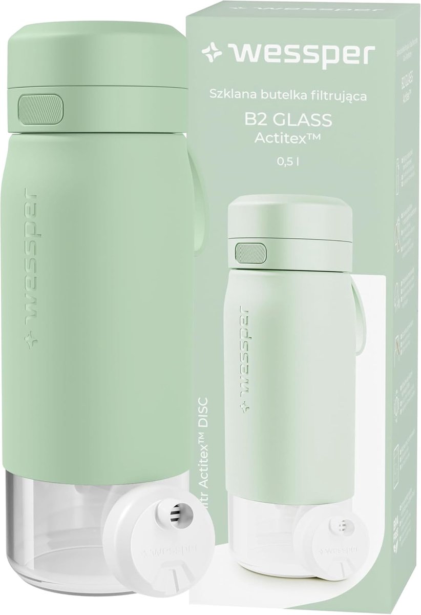 SnelShoppen - Waterfilterfles 500ml, Borosilicaatglas Waterfles met Actitex DISC Filter, BPA Vrij, Mintkleur, Ideaal voor Thuis, Camping, Sport en Rei
