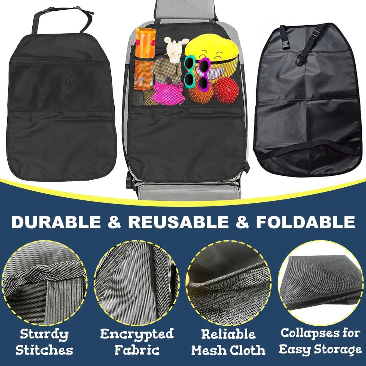 SnelShoppen - Pack van 2 Auto Stoelbeschermers Achterbank - Kickstand met 2 Compartimenten Organizer - Bescherming voor Kinderzitjes - Zwart - Voor Vu