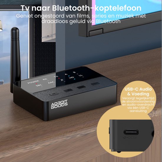 AdroitGoods Bluetooth Audio Adapter 5.3 – Draadloze Zender & Ontvanger (TX/RX) met AUX & RCA – Upgrade je Audio naar Bluetooth — afbeelding 2