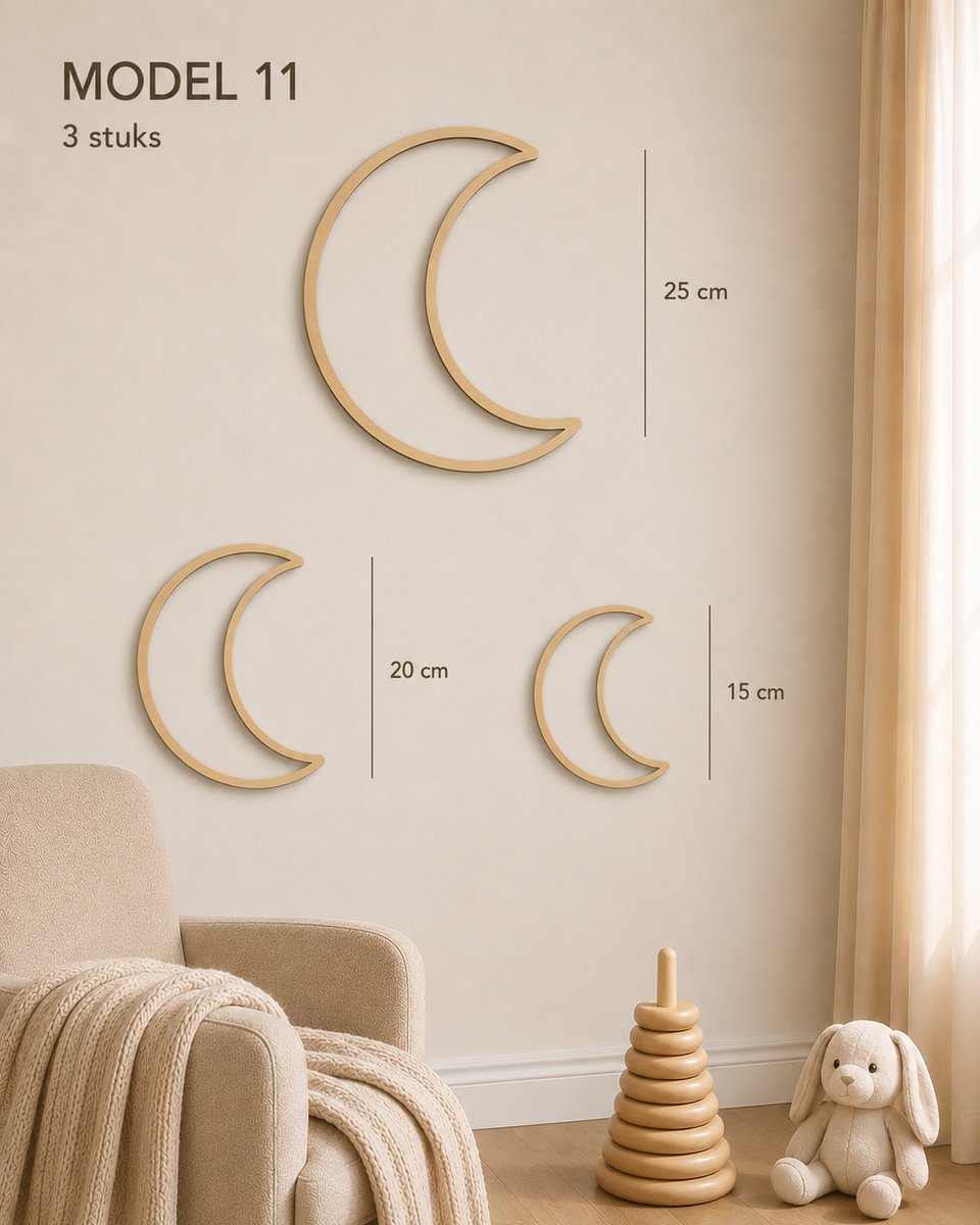Houten Maan Wanddecoratie Babykamer – Set van 3 Halve Manen – Scandinavische Kinderkamer Decoratie – Natuurlijk Berkenhout – 15, 20 en 25 cm