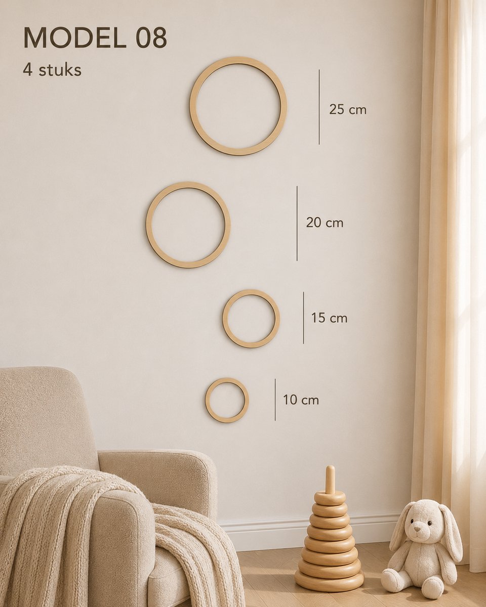 Houten Ringen Wanddecoratie Babykamer – Set van 4 Houten Cirkels – Scandinavische Kinderkamer Decoratie – Natuurlijk Berkenhout – 10, 15, 20 en 25 cm