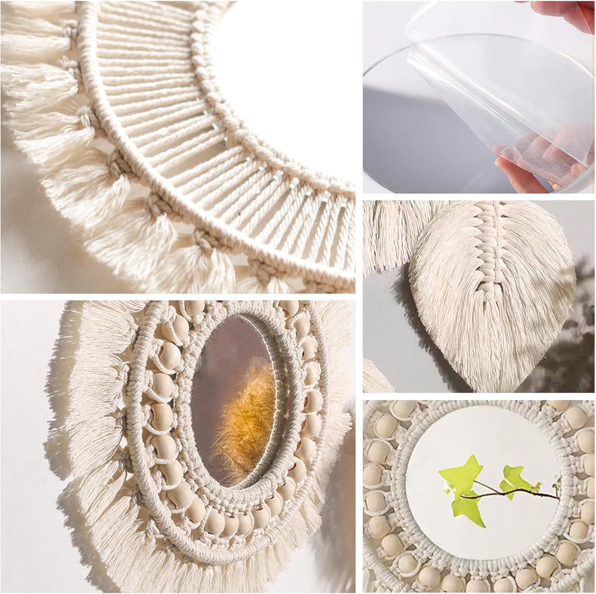 SnelShoppen - Wanddecoratie - Bohemian Rond Wandspiegel met Geweven Fringes - 2 Stuks - Macramé Wandspiegel voor Woonkamer en Slaapkamer - Natuurlijke