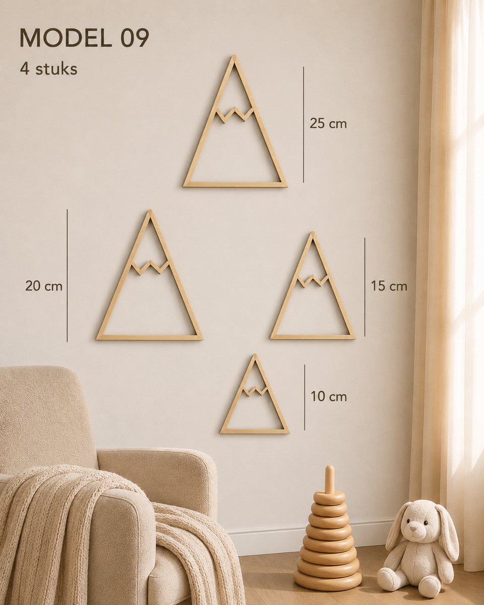 Houten Bergen Wanddecoratie Babykamer – Set van 4 Bergen – Scandinavische Kinderkamer Decoratie – Natuurlijk Berkenhout – 10, 15, 20 en 25 cm