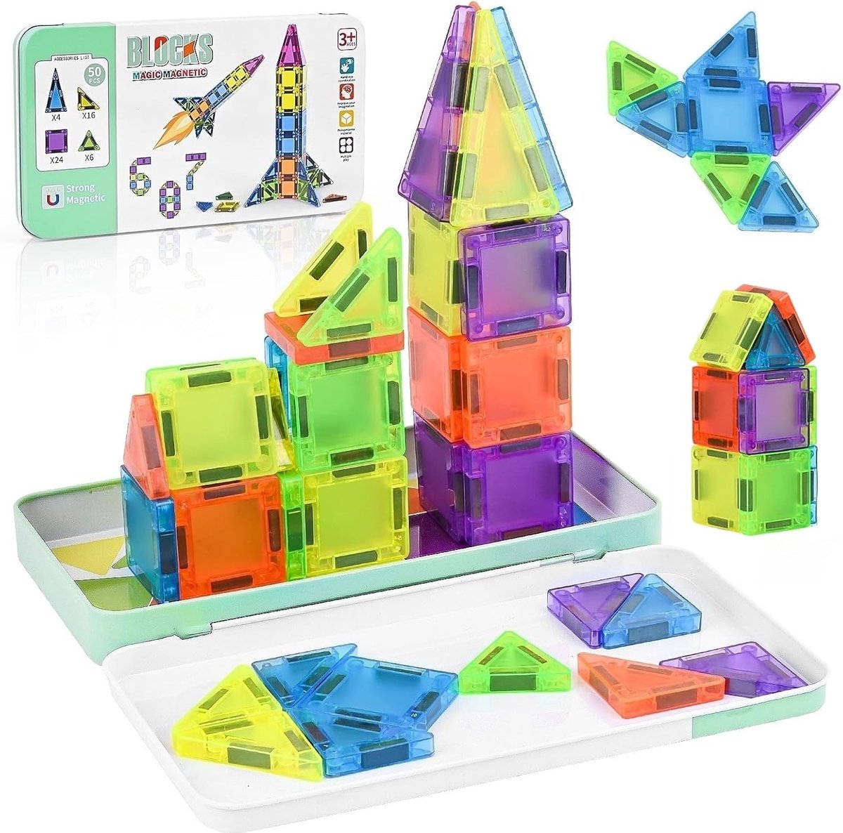 Thijox - 50 Stuks Magnetische Tegels voor Kinderen, Magnetisch Bouwspel voor Creatieve Kinderen, Reisversie met Metalen Doos, Speelgoed voor 3-6 Jaar,