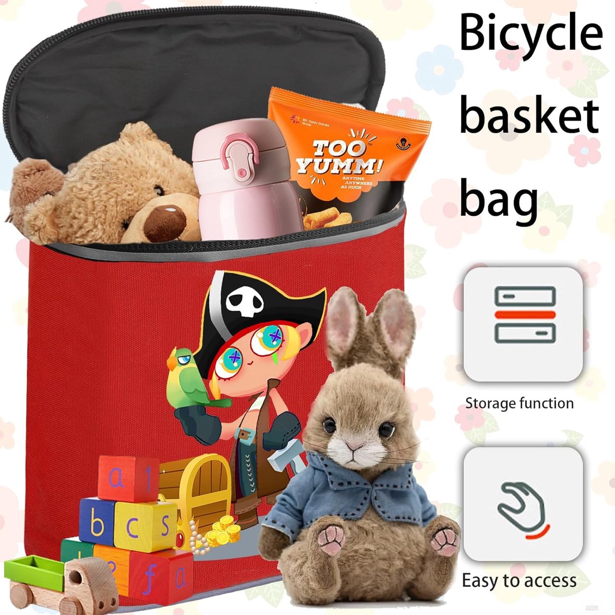 SnelShoppen - Kinderfietsmand voor Voorop, Handvat Tas met Binnenvak, Reflectoren en Piraten Motief, Fietsmand voor Balansfiets, Scooter of Fiets, Ide