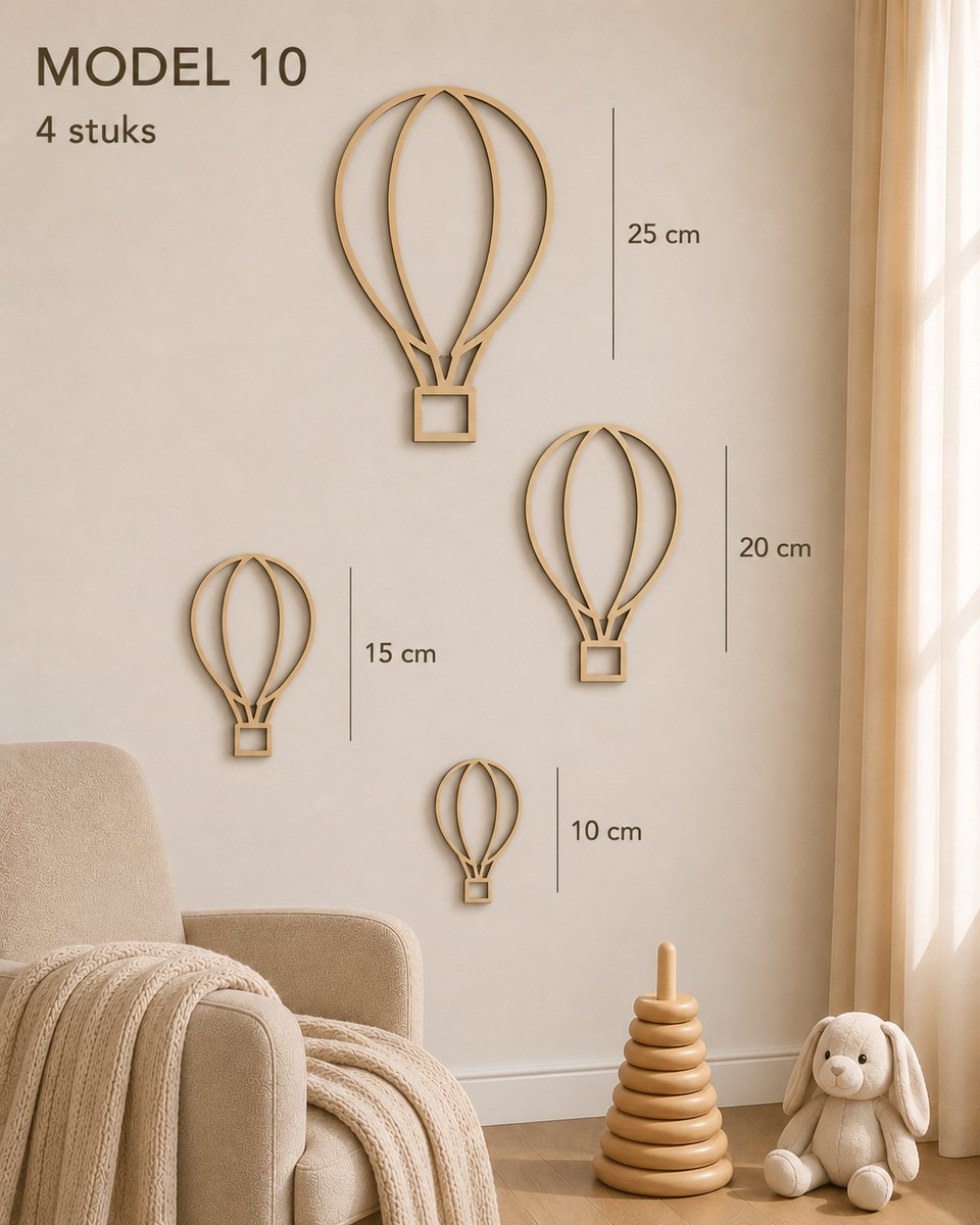 Houten Luchtballon Wanddecoratie Babykamer – Set van 4 Luchtballonnen – Scandinavische Kinderkamer Decoratie – Natuurlijk Berkenhout – 10, 15, 20 en 25 cm
