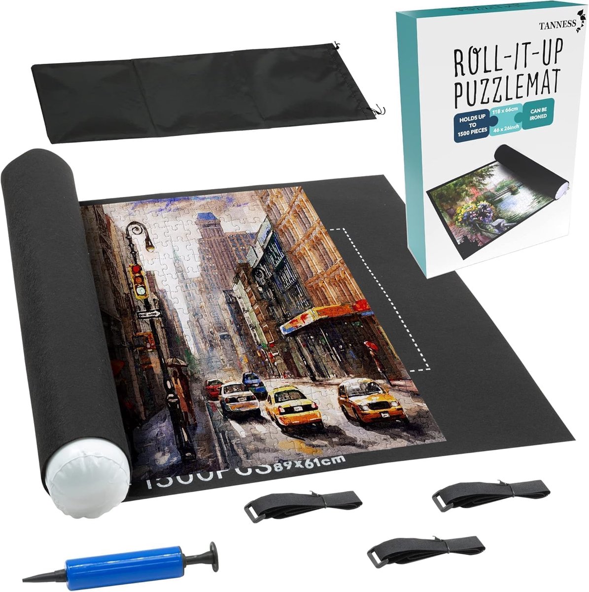 Thijox - Puzzelmat voor 1500 Stukjes met Roll-Up Systeem, Vilten Puzzel Organizer in Zwart met Opbergtas, Opblaasbare Buis en Elastische Banden voor S