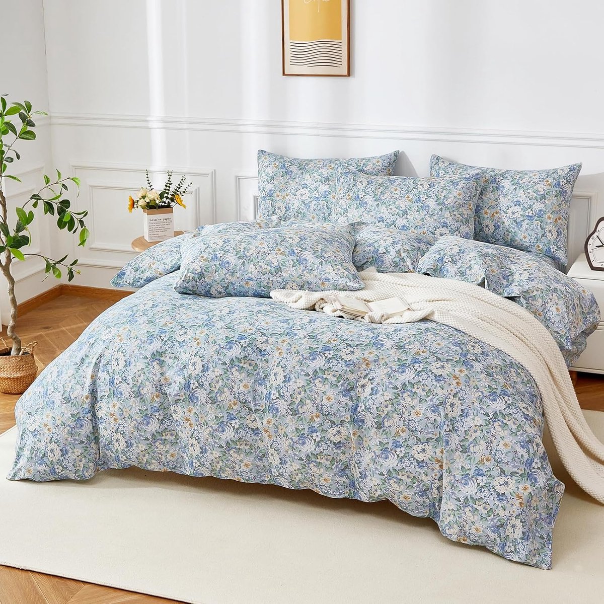 SnelShoppen - Floral Dekbedovertrek 200x220 cm, Blauw Katoenen Bloemen Bedlinnen, Zacht Ademend 3 Delig Meisjes Dekbedovertrek met Rits en 2 Kussenslo
